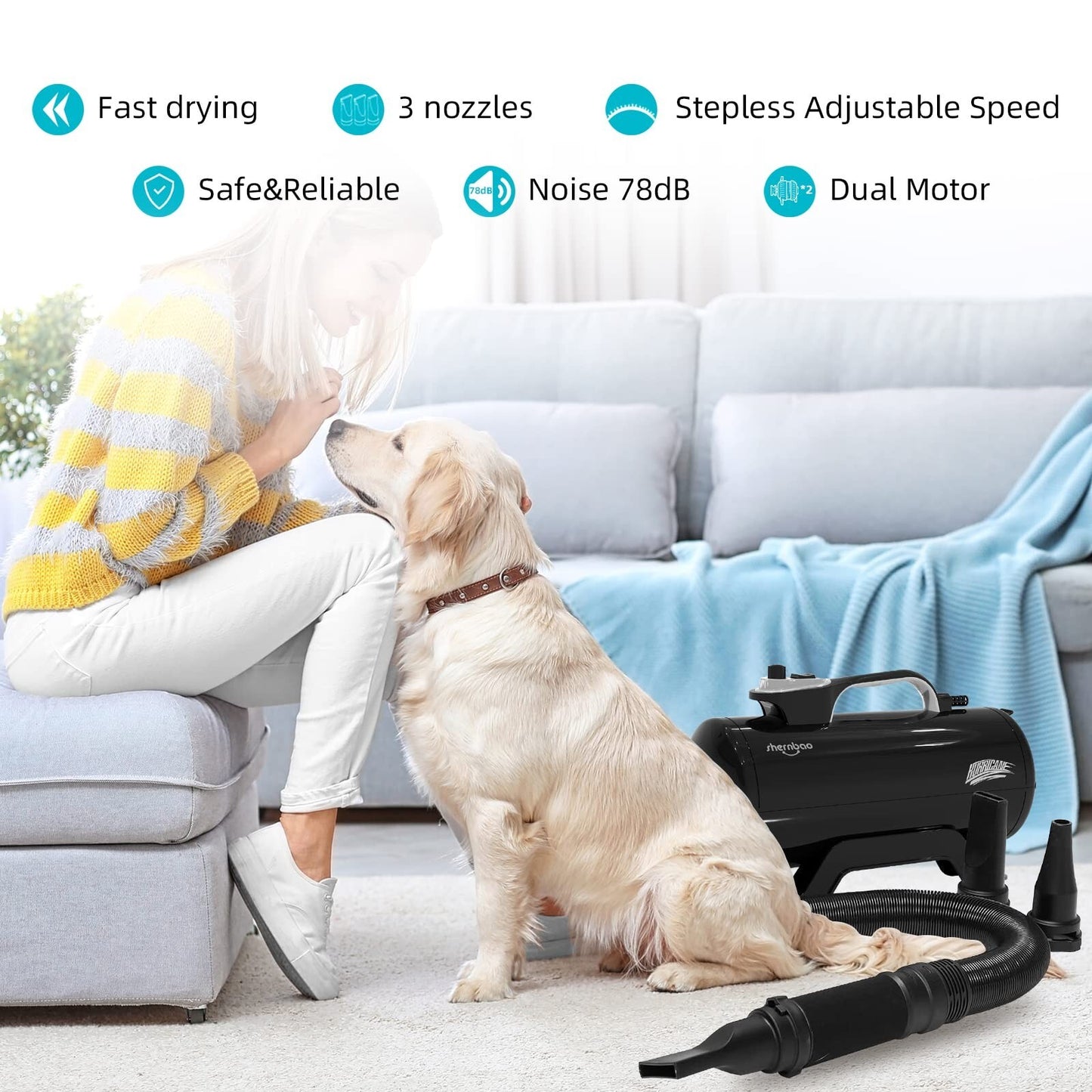 Shernbao Dog Dryer High Velocity Professional Dog Pet Grooming Hair Drying Fo...