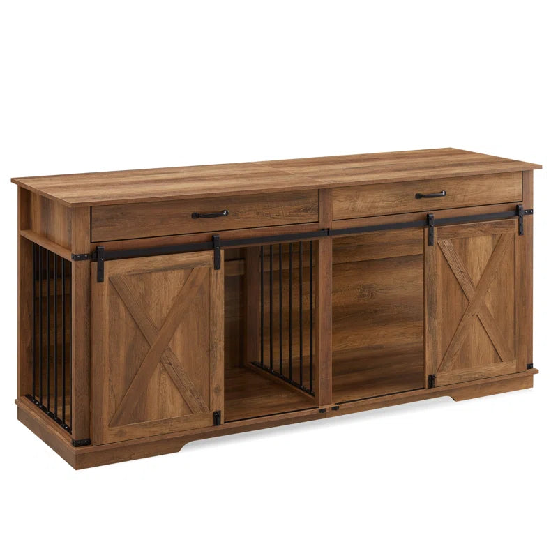 Barn Door Large Dog Crate Furniture with 2 Drawers and Divider