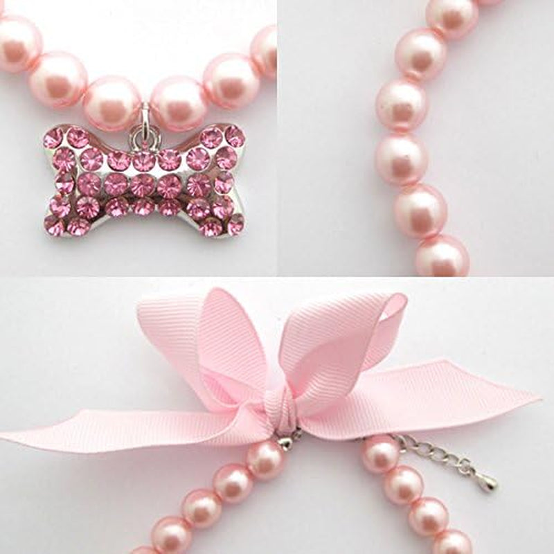 Sparkle and Shine! ✨💖 Fancy Pearls Crystal Dog Necklace with Bling Rhinestones & Big Bone Charm - Perfect for Your Stylish Teacup Chihuahua or Yorkie! 🐾🎀 (Pink, 8 to 10-Inch)