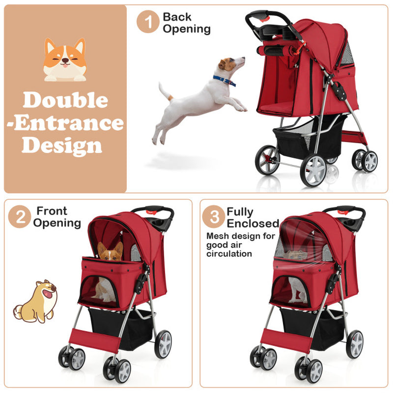 Folding Pet Stroller with Storage Basket and Adjustable Canopy