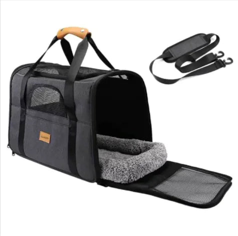 Pet carrier with a cushioned seat and detachable leash on a white background
