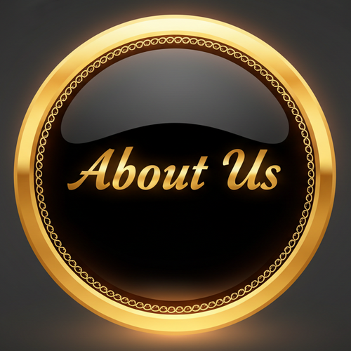 Gold-framed black button with 'About Us' text on a dark background