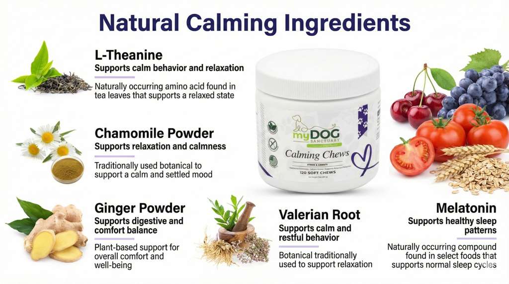Product packaging with natural calming ingredients listed on a white background