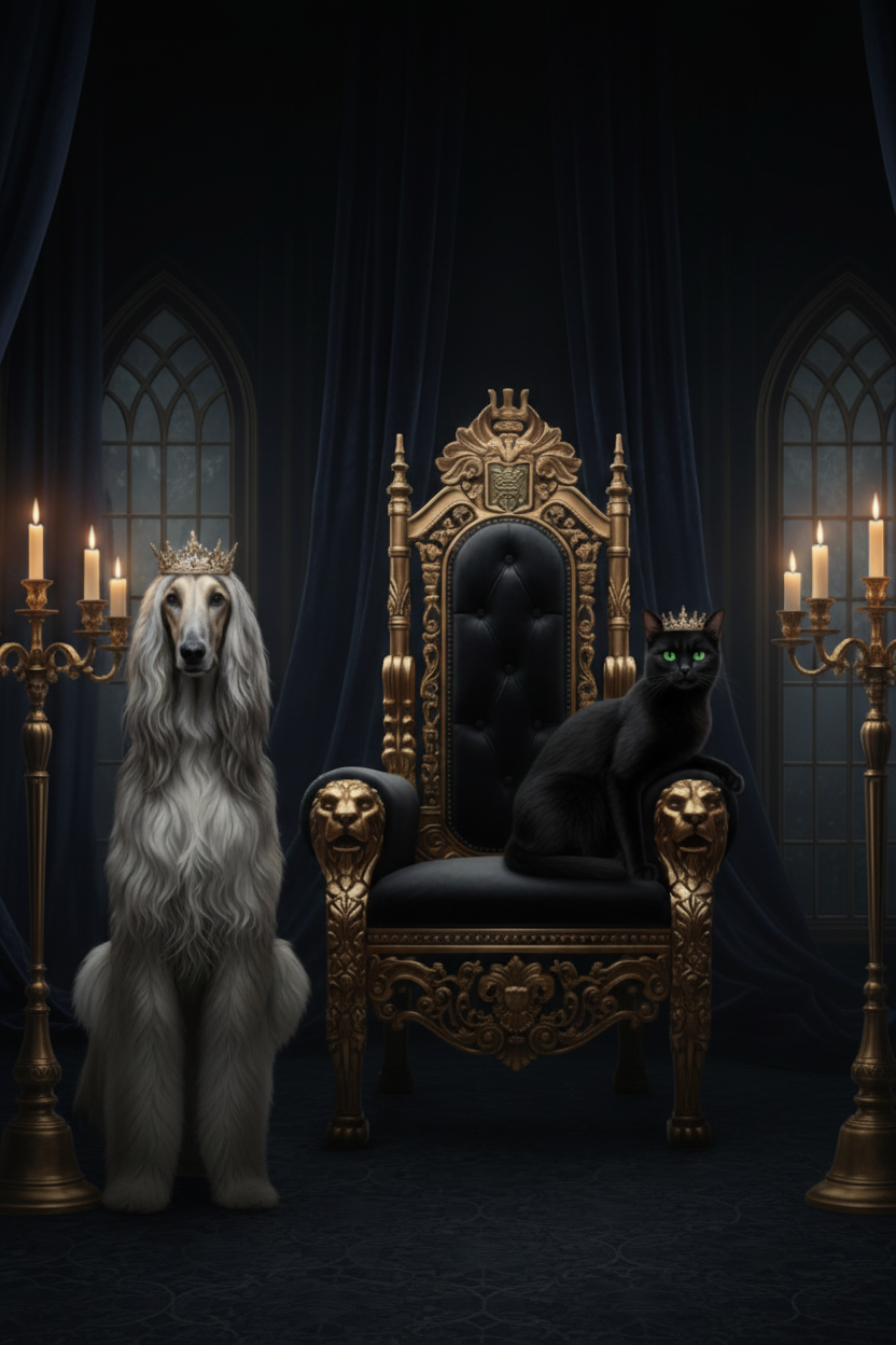 Decorative image with a throne, dog, and cat with decorative text and frames.